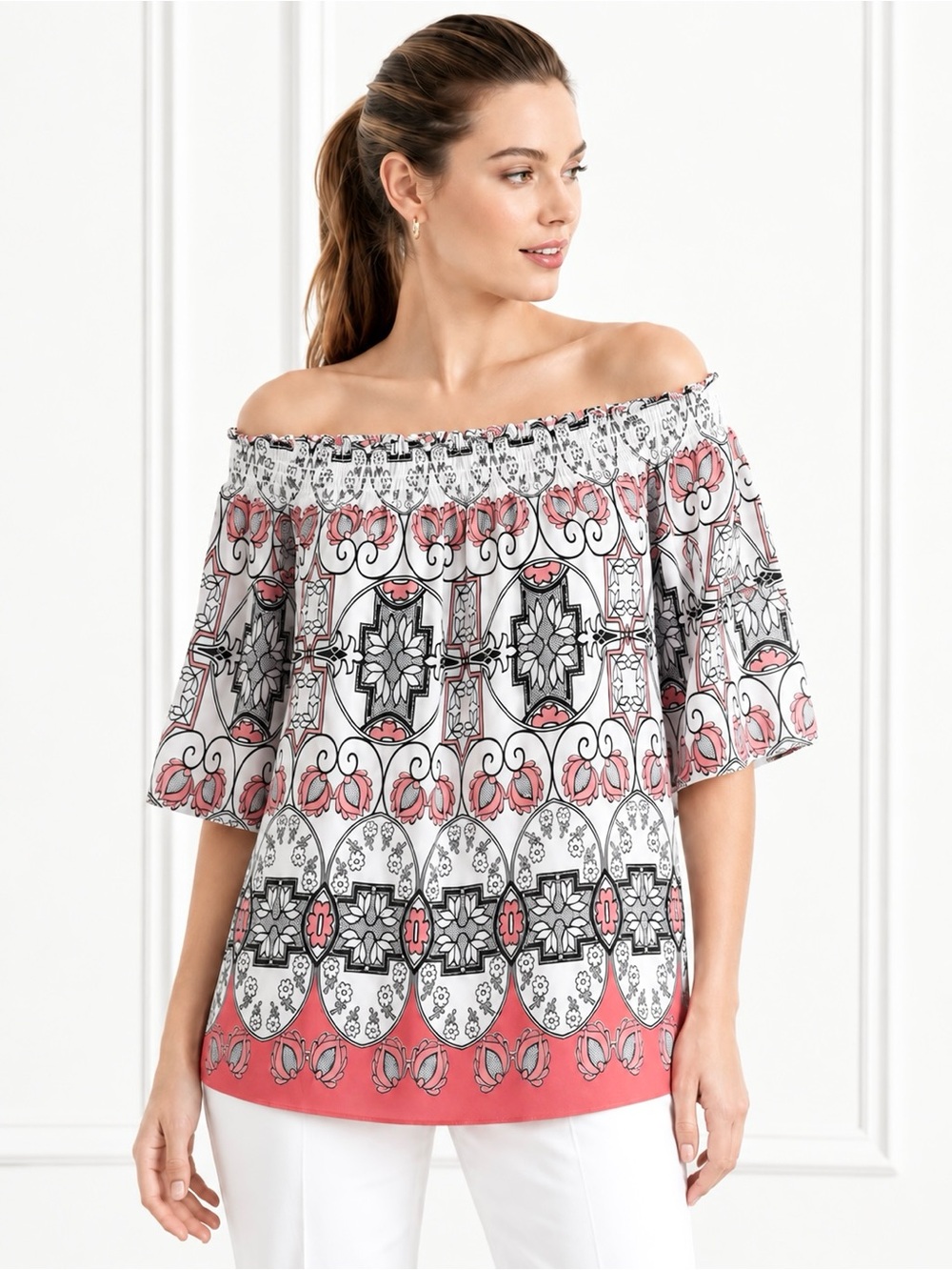 Max Studio Chiffon Off The The Shoulder Floral Blouse Smocked Neckline Lined